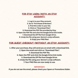 May include: A digital instruction guide on a light cream background with dark red text. It outlines steps for Etsy users to download files via Google Drive, including logging into an account, accessing Purchases & Reviews, and unzipping files for use.