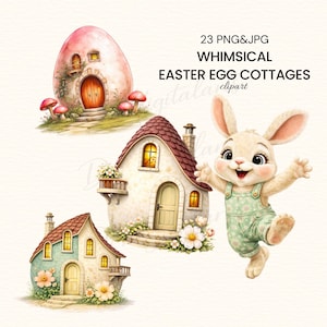 Grillige Easter Egg Cottages clipart set, lente decor, paashaas huizen - afdrukbare digitale download - 23 png en jpg