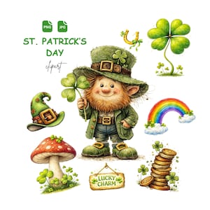 Op de afbeelding: Een St. Patrick's Day clipart afbeelding met een kabouter, regenboog, paddenstoel, pot met goud en hoefijzer. De kabouter houdt een klavertjevier vast. De tekst "St. Patrick's Day clipart" is inbegrepen.