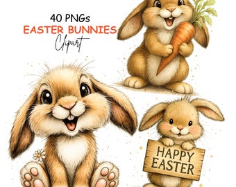 Easter Bunny Whimsical Clipart, Spring Easter PNG, Cute Bunnies, Easter Graphics, Digital Download - 40 PNGs