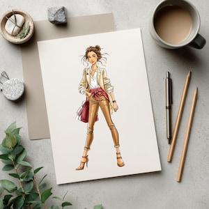 May include: A fashion illustration on paper depicting a figure wearing a beige blazer, a white shirt, and tan trousers with a red shirt tied around the waist. The figure carries a dark red handbag and wears brown heeled shoes with ankle straps.