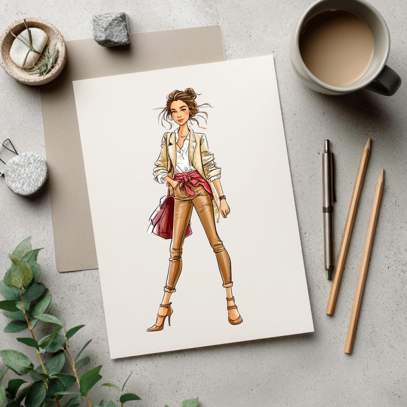 May include: A fashion illustration on paper depicting a figure wearing a beige blazer, a white shirt, and tan trousers with a red shirt tied around the waist. The figure carries a dark red handbag and wears brown heeled shoes with ankle straps.