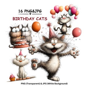 Pode incluir: Um conjunto de ilustrações digitais intitulado 16 PNG&JPG BIRTHDAY CATS com gatos de desenho animado de olhos grandes e pelo despenteado. As imagens mostram gatos com bolos de aniversário, chapéus de festa e balões coloridos.