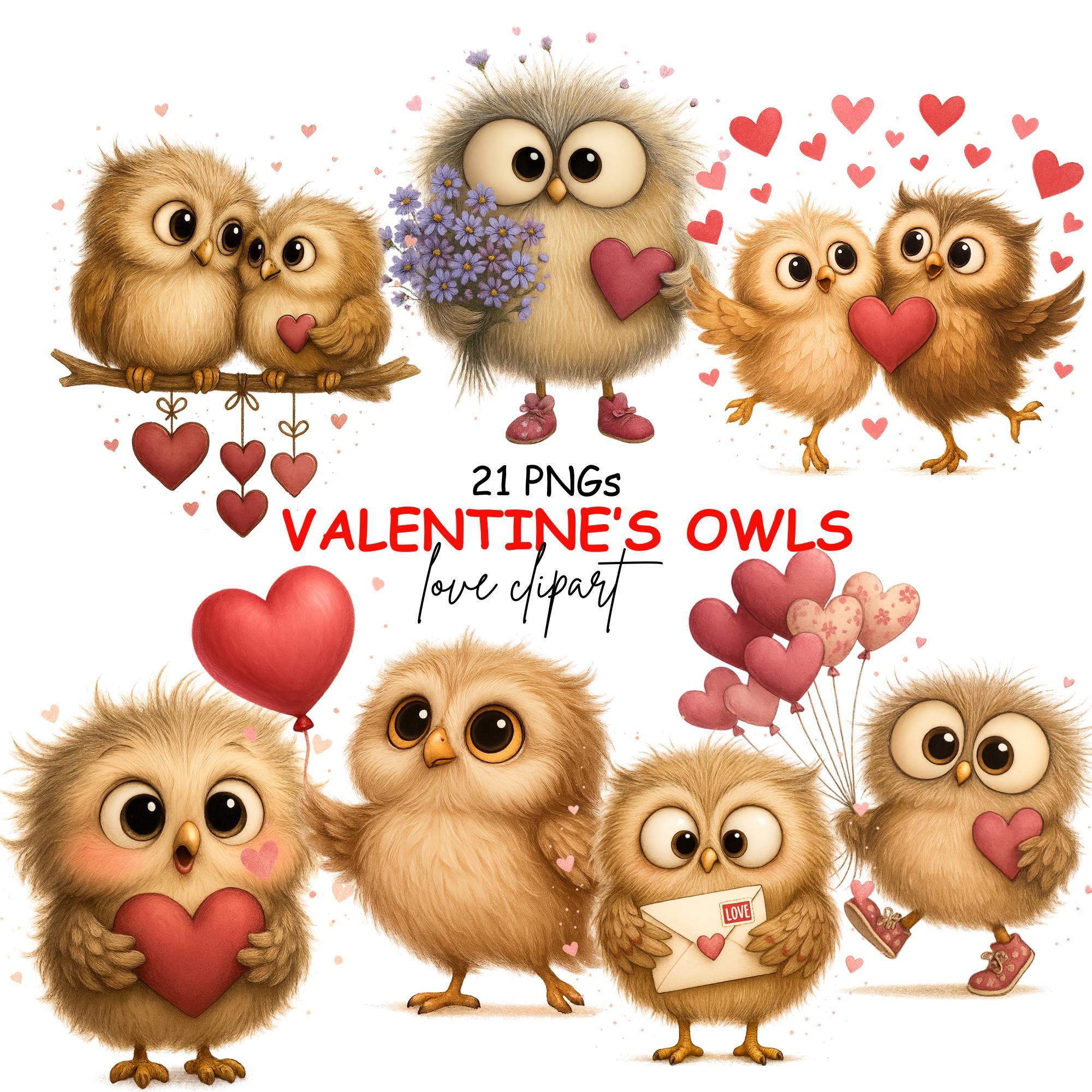 Valentine's Day Owls Clipart, Whimsical Love Nursery Graphics, Cute Love Owls PNG Bundle, Digita