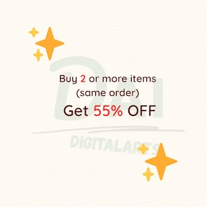 May include: A graphic advertisement featuring the text Buy 2 or more items (same order) Get 55% OFF in dark red lettering. The background is off-white with a faint light green watermark and four yellow four-pointed star icons in the corners.