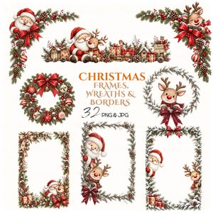 Pode incluir: Uma coleção de gráficos digitais com tema de Natal apresentando o Papai Noel, renas, ramos de pinheiro, laços vermelhos, pinhas e enfeites. O texto diz CHRISTMAS FRAMES, WREATHS & BORDERS 32 PNG & JPG. Estas ilustrações incluem várias guirlandas, molduras retangulares e bordas decorativas.