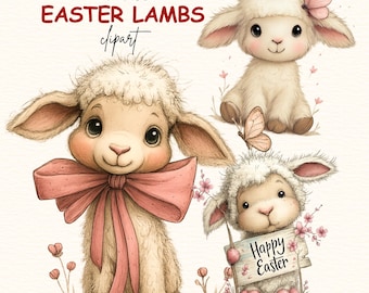 Easter Lamb Whimsical Clipart PNG, Spring Easter Holiday, Baby Lamb Easter Animals, Cute Nursery Spring, 20 PNG Digital Download
