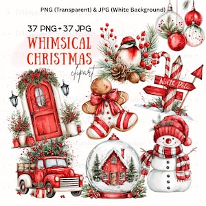 May include: A digital collection of Christmas-themed illustrations featuring a red truck, a gingerbread person, a snowman, a North Pole sign, a bird with pine branches, ornaments, and a snow globe with a red house, labeled Whimsical Christmas clipart.