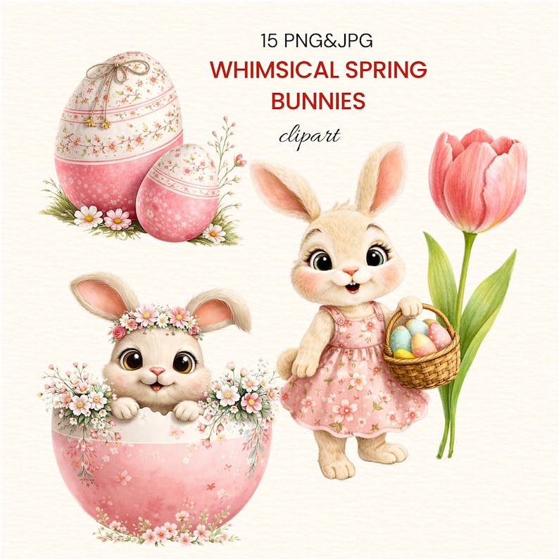 Whimsical Spring Bunnies Clipart PNG, Cute Easter Bunny, Pink Floral ...