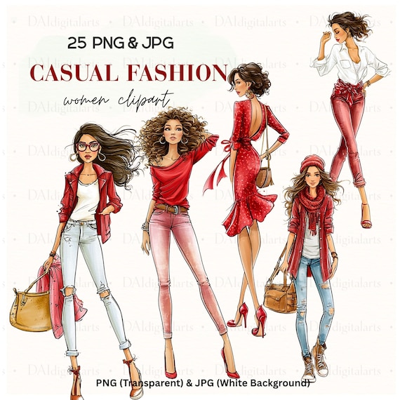 Casual Fashion Women Clipart Bundle, 25 PNG JPG Fashion Illustrations, Stylish Women Clipart, Modern Girl Clipart, Fashion Sketch Bundle