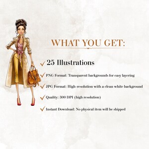 May include: A digital illustration of a fashion figure wearing a tan trench coat, pink patterned top, and yellow pants, holding a brown handbag. Text reads: WHAT YOU GET: 25 Illustrations, PNG Format, JPG Format, Quality: 300 DPI, Instant Download.
