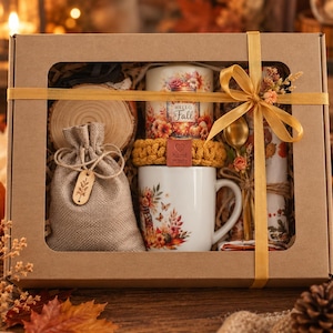 Può includere: Una confezione regalo contenente una tazza bianca con stampe floreali autunnali, uno scaldatazza in maglia gialla con etichetta hand made, un sacchetto di juta con ciondolo in legno, una fetta di legno, un cucchiaio dorato e un panno.