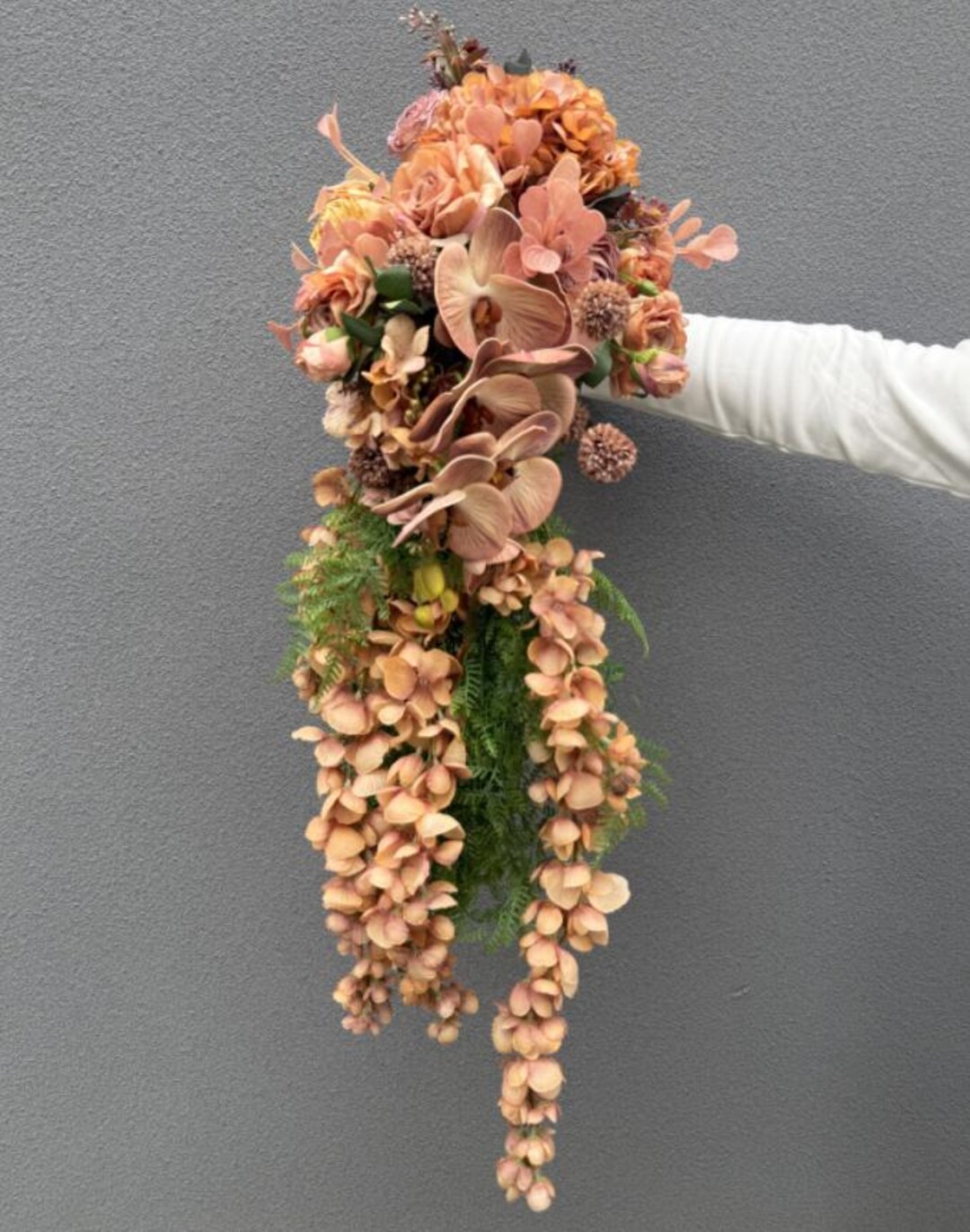 Peach and Blush Cascade Bridal Bouquet With Hydrangeas & Rose - Etsy