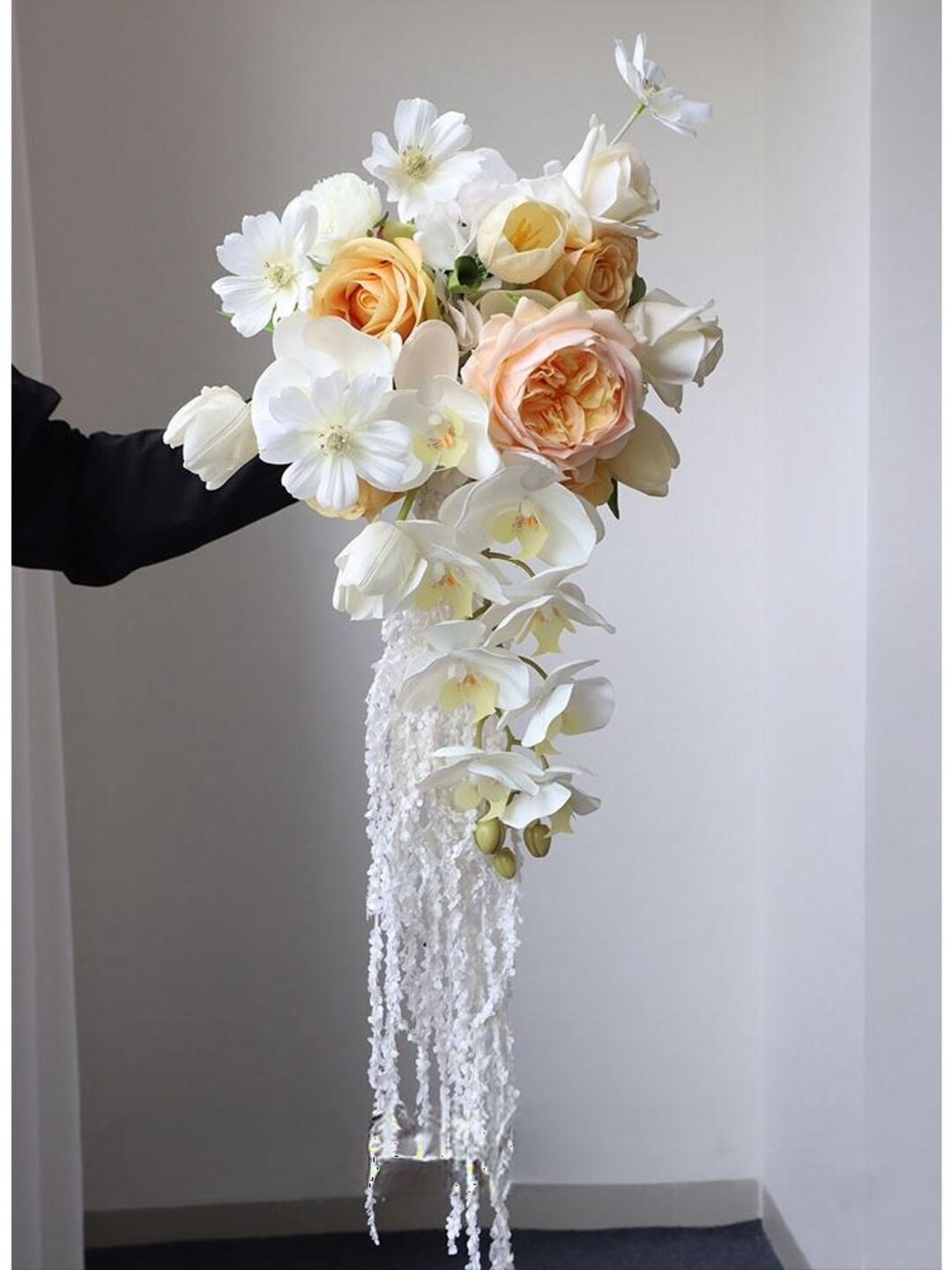 Romantic Cascading Bridal Bouquet With Peach Roses, White Orchids ...