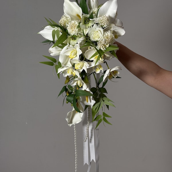 Ivory Orchid Calla Lily Cascading Wedding Bouquet: Boho Rustic Forest Waterfall Flowers Bouquet