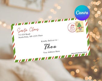 Bearbeitbarer Brief vom Weihnachtsmann Umschlag Vorlage in Canva Printable Nordpol Kinder Mail Sofort-Download