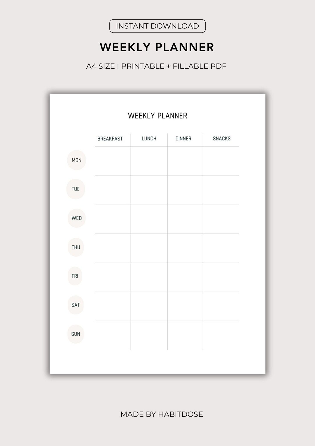 A4 Weekly Meal Planner Printable: Minimalist Kitchen Organizer (PDF ...