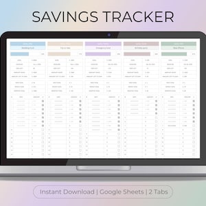 May include: A laptop displays a digital savings tracker with the title "SAVINGS TRACKER" at the top. The spreadsheet is divided into sections for different savings goals, with columns for dates, amounts, and progress. The bottom of the screen reads "Instant Download | Google Sheets | 2 Tabs".