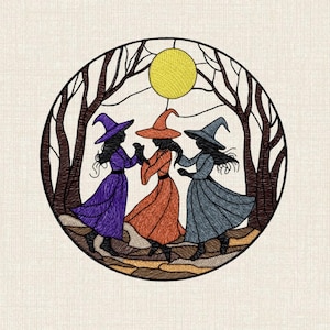 Halloween Witch Embroidery Design, Three Witches Moon Pattern, Spooky Night Machine Embroidery File, Witchy Digital Download
