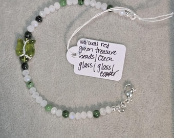 Green floral Czech bracelet with red green treasure crystal stones