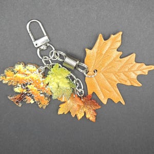 May include: A keychain featuring a silver-toned metal lobster clasp and a cylindrical connector attached to four distinct leaf-shaped charms. The charms include a large tan textured leaf, a small green leaf, a small orange leaf, and a tree-shaped charm.