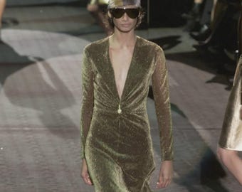 F/W 2000 Gucci by Tom Ford Runway Metallic Lurex Sheer Dress Tiger Accent VINTAGE
