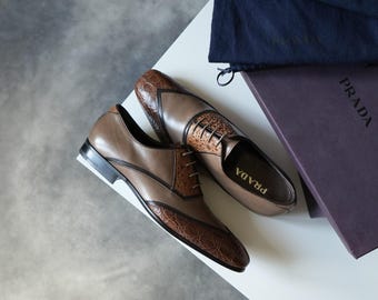 F/W 2005 Prada Embossed Aligator Calf Skin Leather Derby Shoes MEN VINTAGE