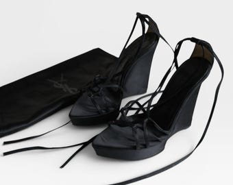 S/S 2001 Yves Saint Laurent Satin Lace-Up Open Toe Heels VINTAGE