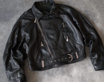 GIANNI VERSACE 1990s Womens Black Leather Chain Detail Crop Moto
