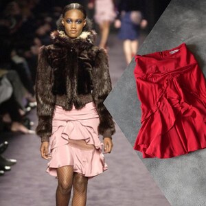FW 2003 Yves Saint Laurent by Tom Ford Red Ruffle Silk Skirt IT42
