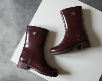2000s Prada Wellington / Rain Rubber Boots Triangle Logo Burgundy Women VINTAGE