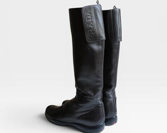 F/W 1999 Prada SPORT Strap Logo Leather Riding Boots Brown VINTAGE Women