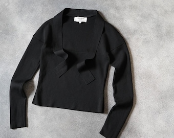 2000s Yves Saint Laurent By Tom Ford Tie Neck Square Neckline Cropped Wool Top