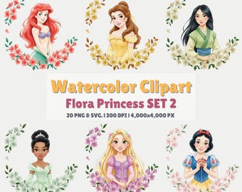 Watercolor Flora Princess SET 2 Clipart Bundle | 20 PNG & SVG 4000px (Digital Download)