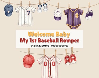Clipart de acuarela "Bienvenido a mi primer atuendo de béisbol" / 24 PNG 4000px (Descarga digital)