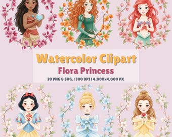 Watercolor Flora Princess Clipart Bundle | 20 PNG & SVG 4000px (Digital Download)
