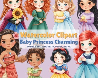 Watercolor Baby Princess Charming  Set | 20 PNG & SVG 4000px (Digital Download)