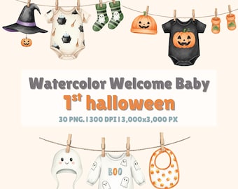 Halloween Baby Clothesline Clipart: 30 PNG Graphics Bundle (Digital Download)