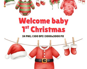 Christmas Baby Clothes Clipart: Watercolor Outfits, 24 PNG Images (Digital Download)