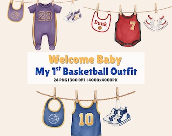 Clipart de acuarela "Bienvenido Bebé, mi primer atuendo de baloncesto" / 24 PNG 4000px (Descarga digital)