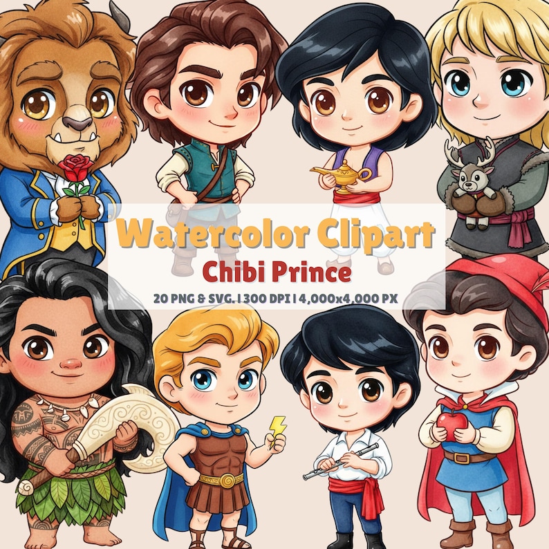 Watercolor Chibi Prince Clipart Bundle | 20 PNG & SVG 4000PX, Digital ...