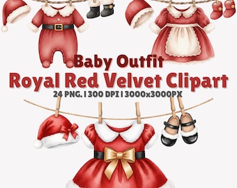 May include: Watercolor illustration of baby outfits and accessories in royal red velvet. The image includes a romper, dress, hats, and shoes, all hanging on a clothesline. The text "Baby Outfit Royal Red Velvet Clipart" is displayed.