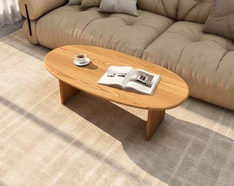 Solid Oak Coffee Table: Japandi Oval Design, Cognac Finish