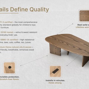 May include: A wooden coffee table with a unique, organic shape. The table is made of solid oak and features a natural wood grain finish. The table is designed for everyday use and is scratch-resistant.