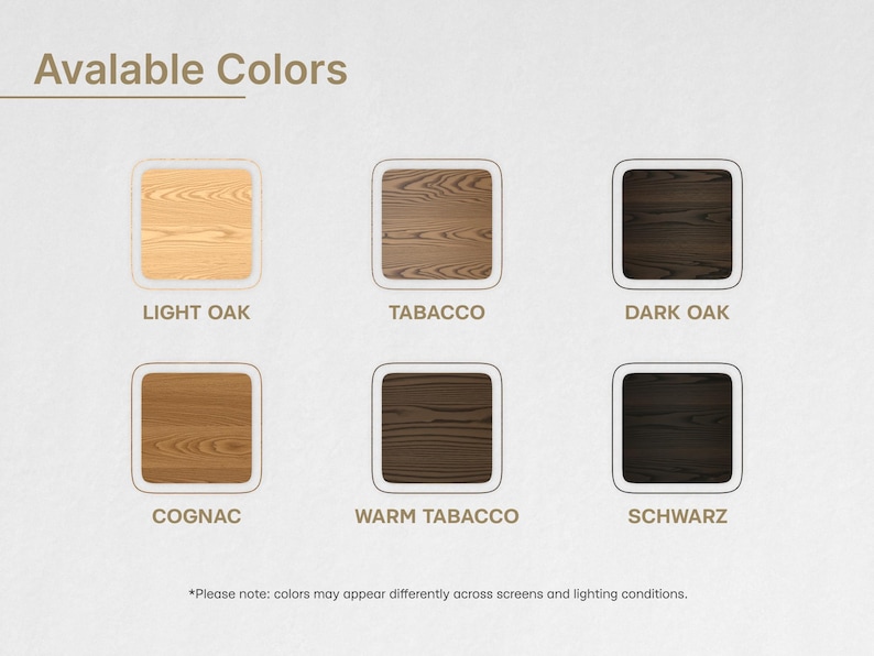 May include: Image showcasing six wood stain color options: Light Oak, Tabacco, Dark Oak, Cognac, Warm Tabacco, and Schwarz. Each color is displayed within a square frame, with the color name below. The text "Avalable Colors" is at the top.