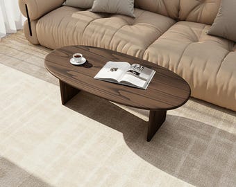 Handmade Oval Solid Oak Coffee Table: Dark Finish, Japandi Minimalist