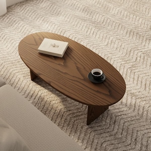 Handmade Oval Dark Oak Coffee Table: Scandinavian Japandi Style