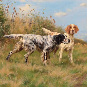 Pode incluir: Uma pintura a óleo retrata dois cães setter inglês num campo gramado. Um é branco com manchas pretas, o outro é branco e castanho. O fundo apresenta erva alta, uma cerca de madeira e um céu azul com nuvens.