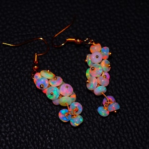 AAA natürliche äthiopische Feueropal Cluster Ohrringe, baumeln Ohrringe, Regenbogen Opal Schmuck, Luxus Oktober Birthstone Geschenk