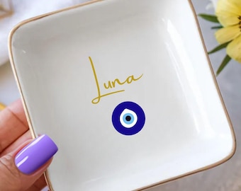 Evil Eye Jewelry Dish, Evil Eye Gift for Her, Personalized Best Friend Gift, Evil Eye Trinket Dish, Protection Eye Ring Dish, Gift for Mom